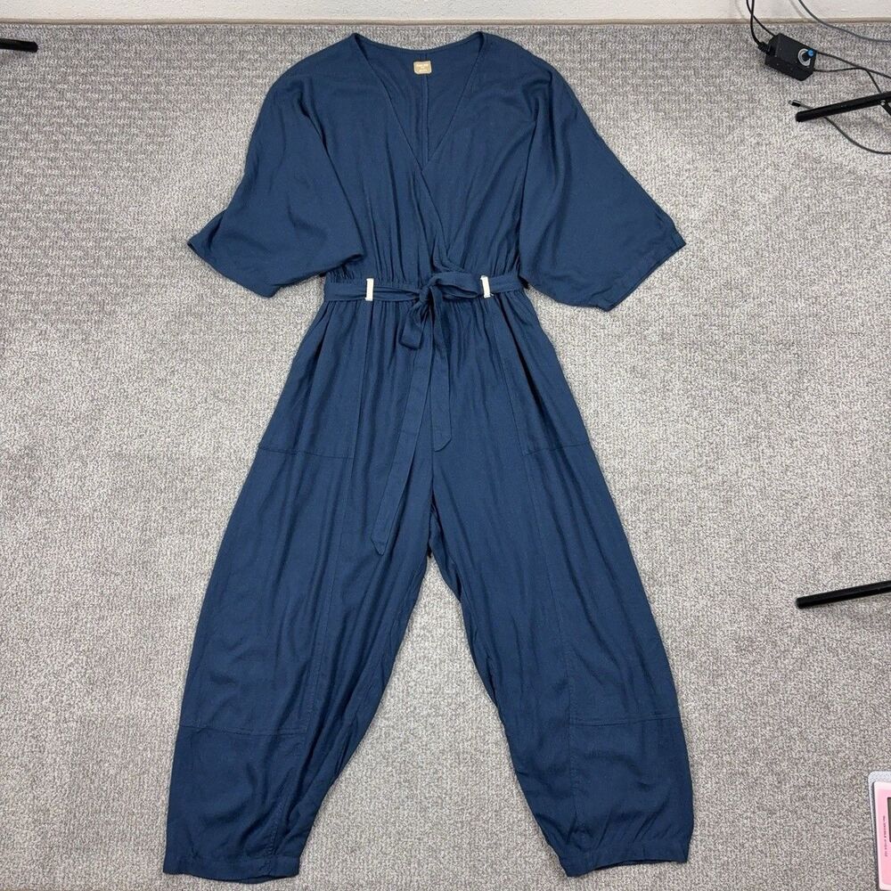 Free People Free-est Jumpsuit Womens Medium Blue Belted Pockets Linen Blend
